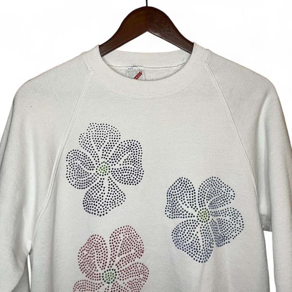 Jerzees Vintage Floral Studded Crewneck Sweatshirt Size M White Made in USA